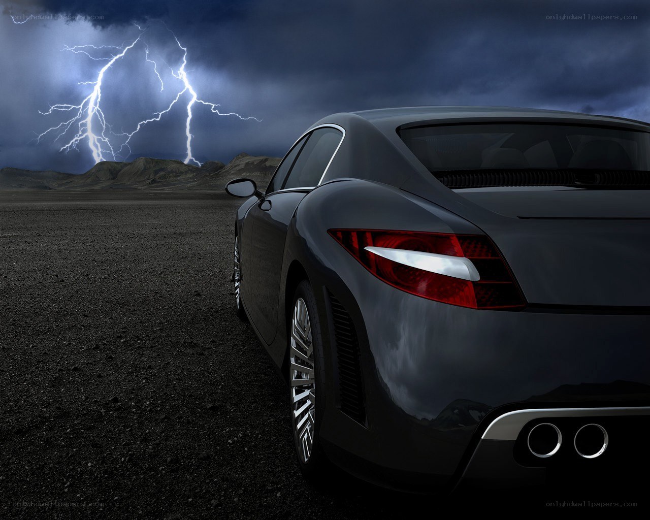 Car in stormy desert
