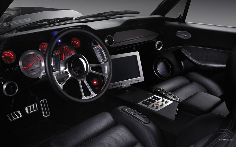 Car Interior — Black, Dark, Photograph, Steering Wheel, Dashboard, Screen, Red