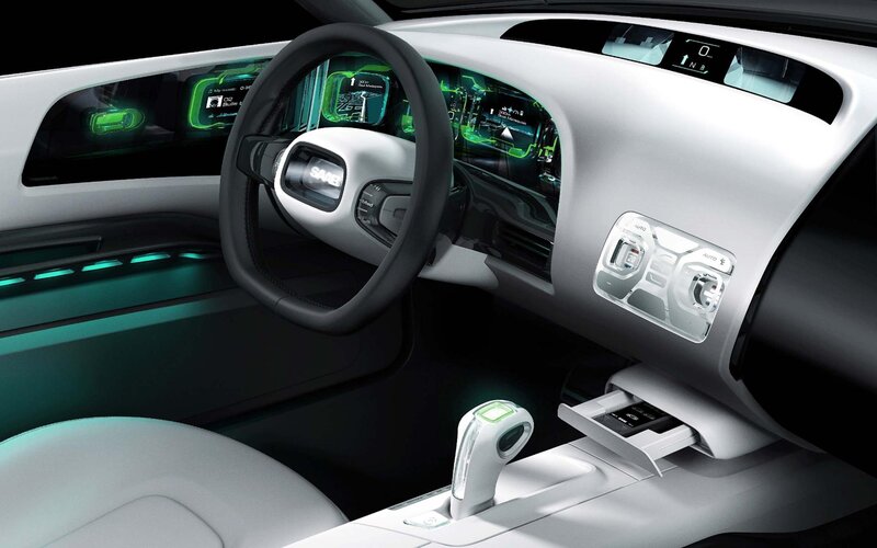 Car Interior — White, Futuristic, 3d Render, Steering Wheel, Dashboard, Gear Shift, Black