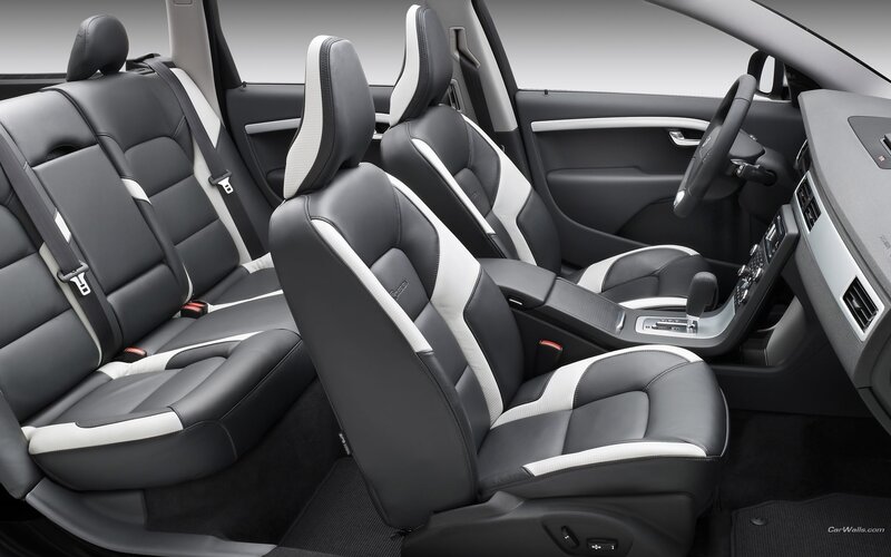 car interior with black and white seats