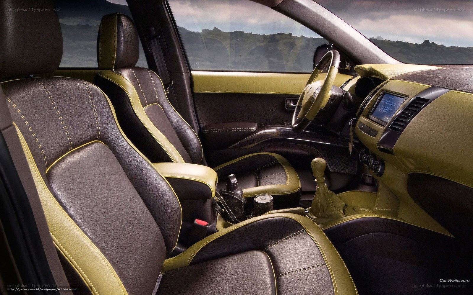car interior with brown and yellow seats