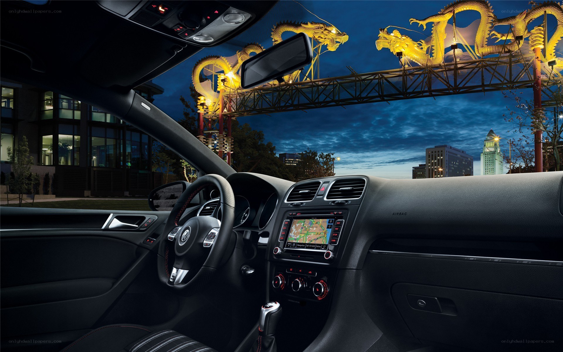 Car interior with city view