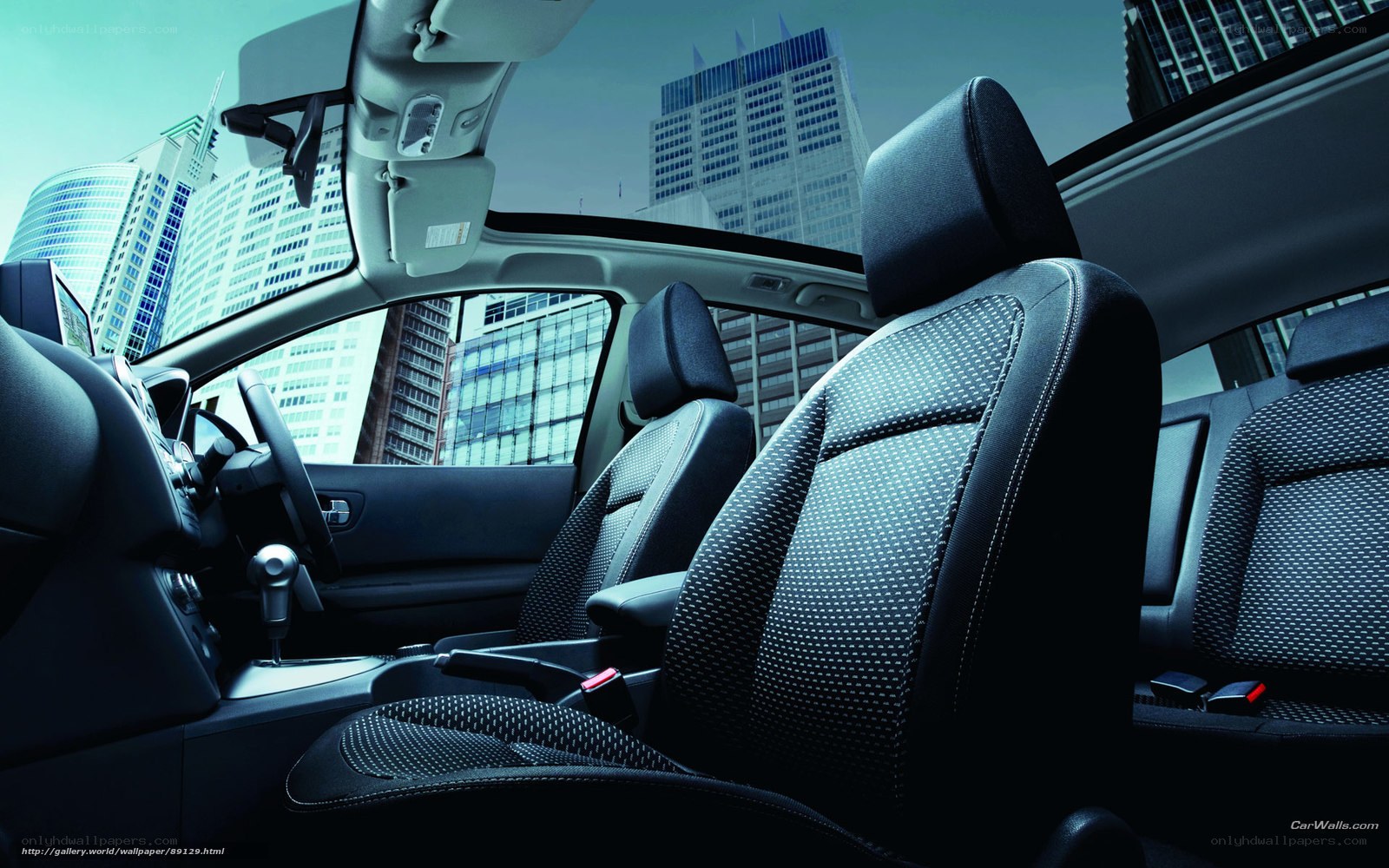 Car interior with city view