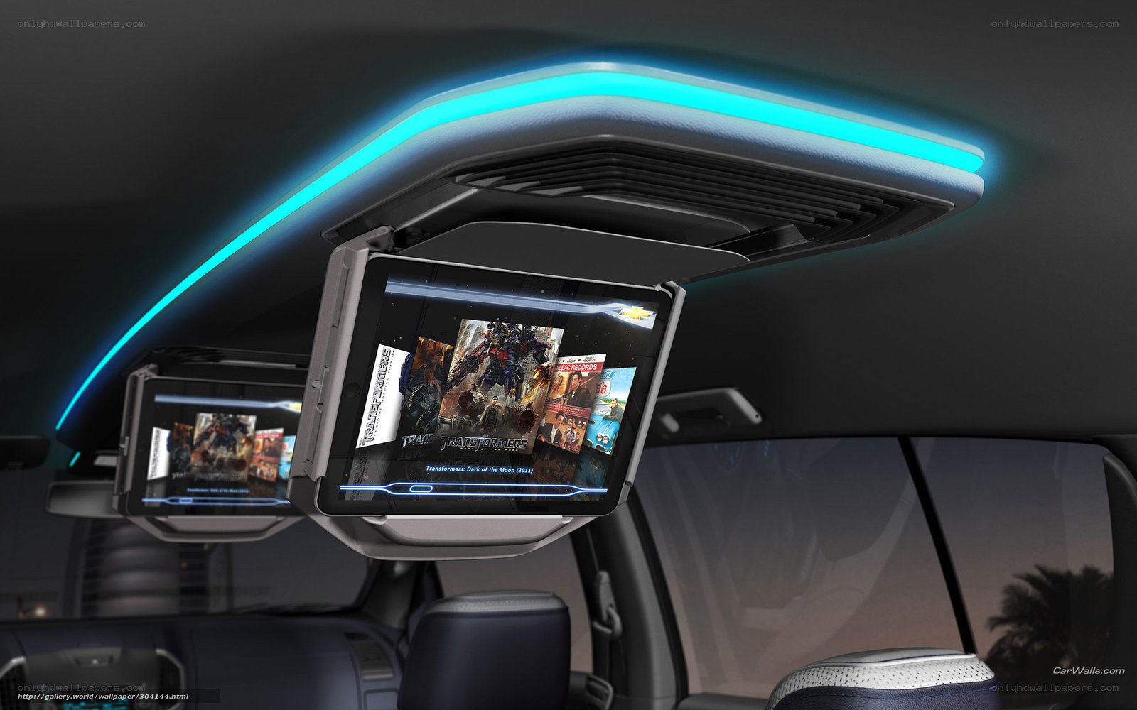 Car interior with entertainment screens