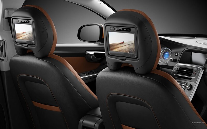 car interior with headrest screens