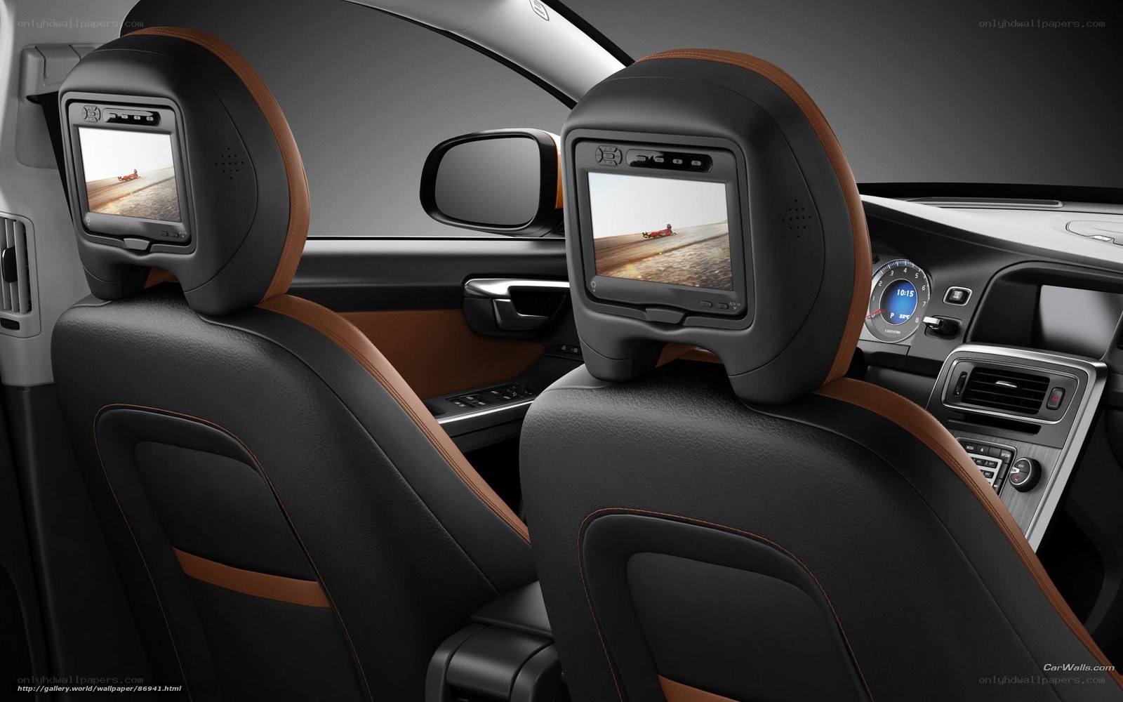 Car interior with headrest screens