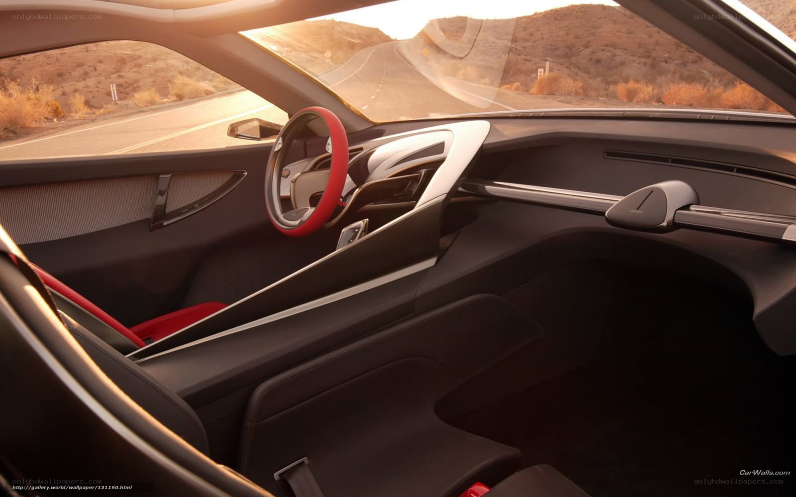 car interior with red steering wheel