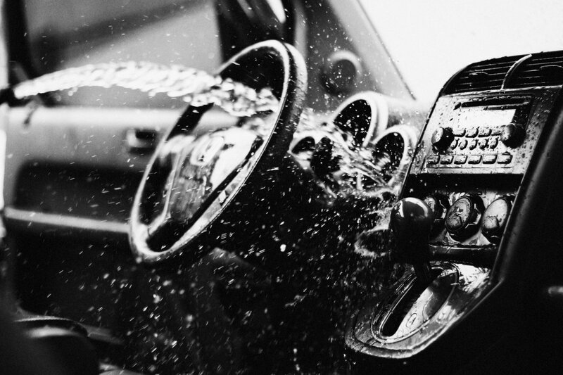 Car interior with water splash
