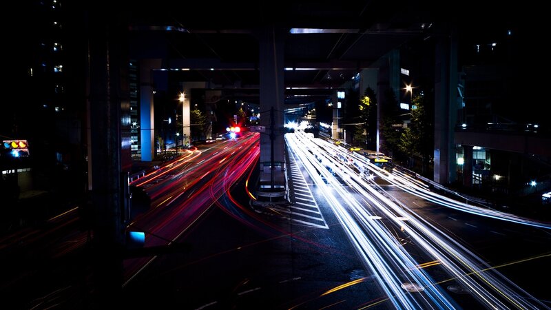 Car Light Trails at Night — Black, Dark, Photograph, Highway