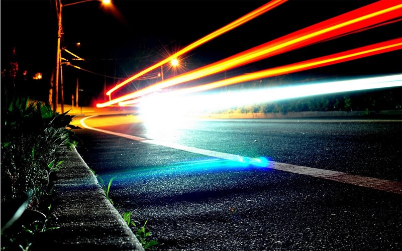 Car Light Trails at Night — Black, Dark, Photograph, Road, Streetlight