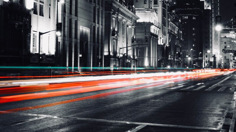 Car Light Trails at Night — Black, Dramatic, Photograph