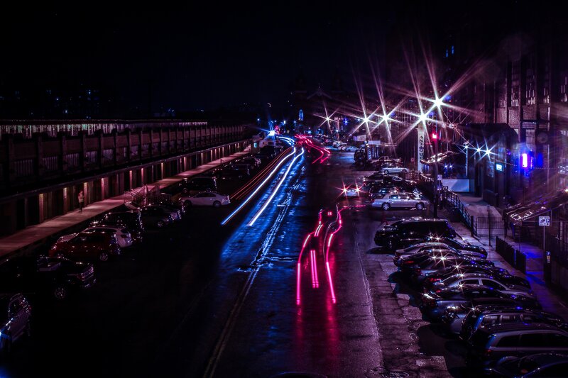 Car Light Trails at Night — Black, Dramatic