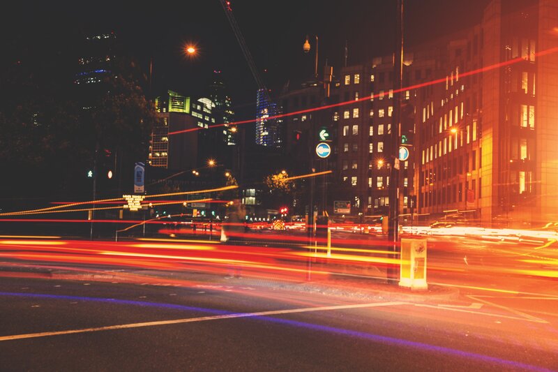 Car Light Trails at Night — Red, Dynamic, Photograph, Buildings