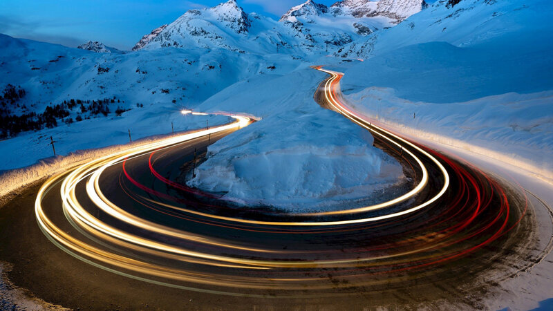 Car Light Trails on Mountain Road — Blue, Dramatic