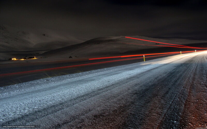 Car Light Trails on Road — Black, Dramatic, Night, Photograph