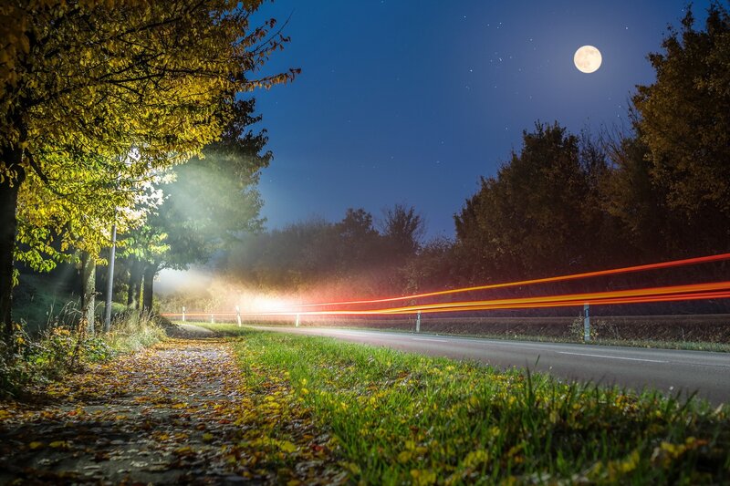 Car Light Trails on Road — Blue, Serene