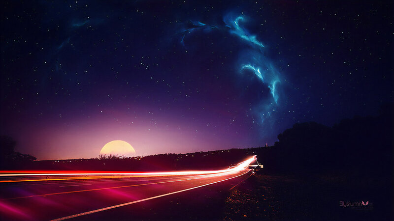 Car Light Trails on Road — Purple, Dramatic, Night, Digital Art