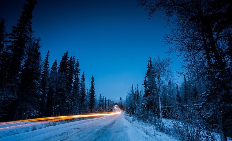 Car Lights on Snowy Road — Blue, Serene, Night, Photograph