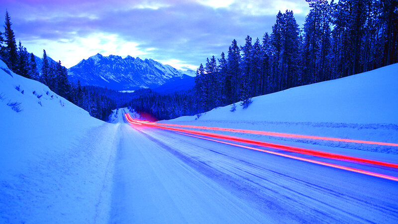 Car Lights on Snowy Road — Blue, Serene, Winter