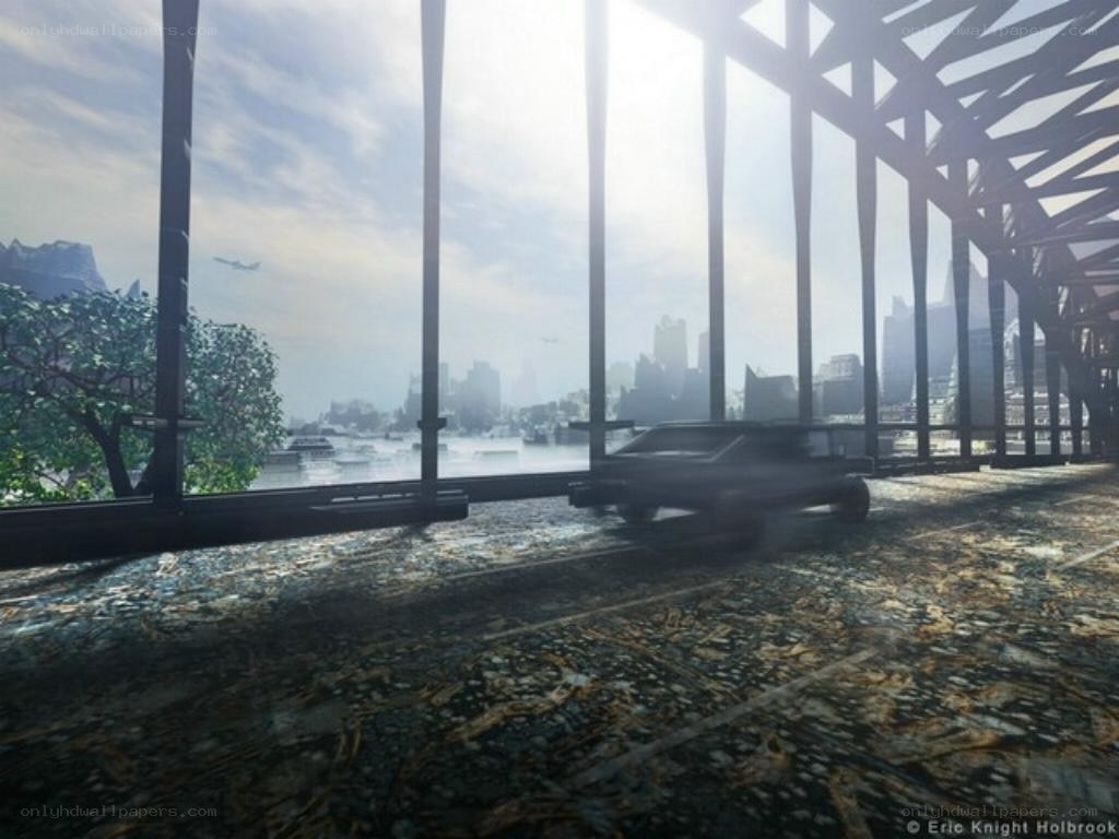 Car on a bridge with city view