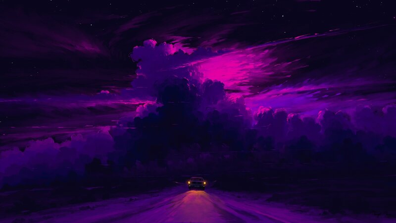 Car on a Road at Night — Purple, Dramatic