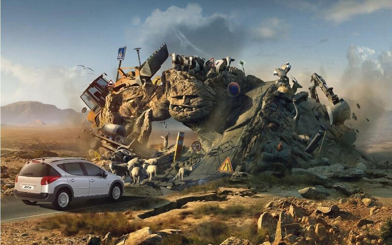 Car on a road with rock monster