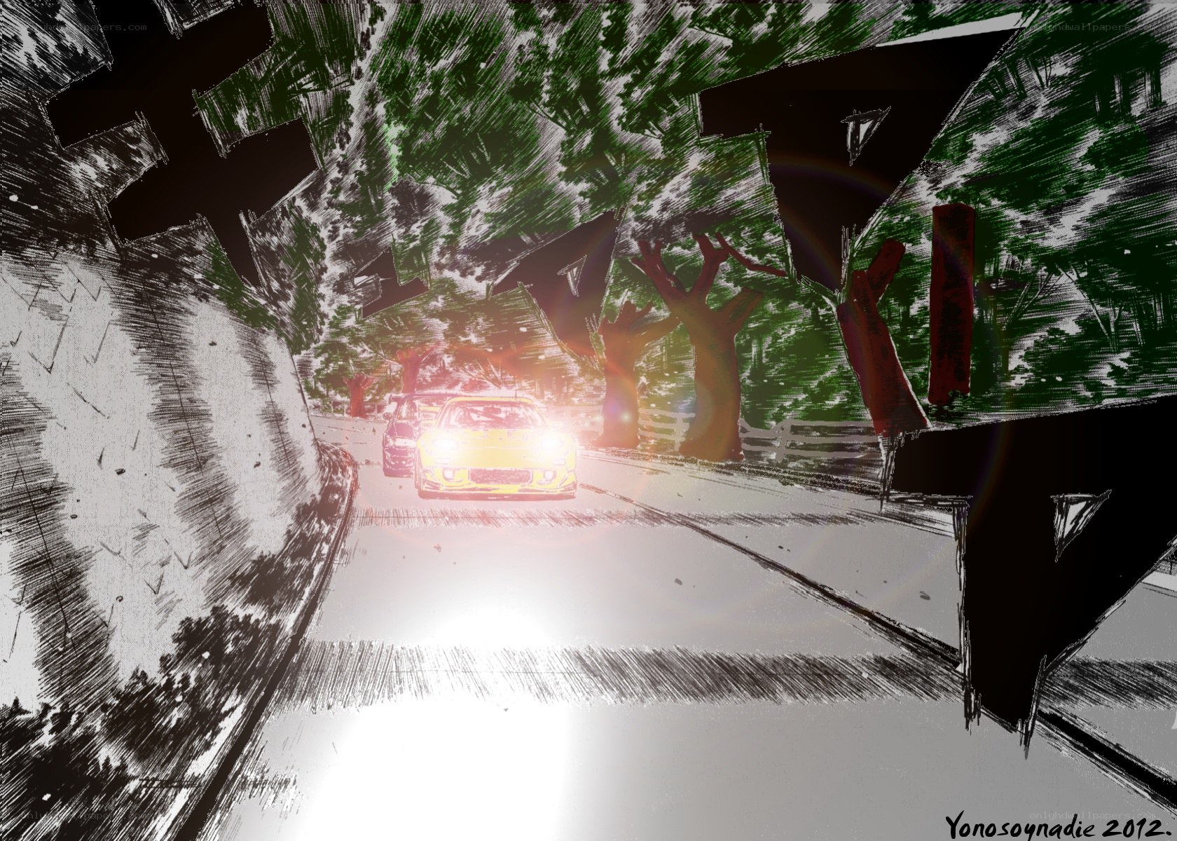 car on a tree-lined road