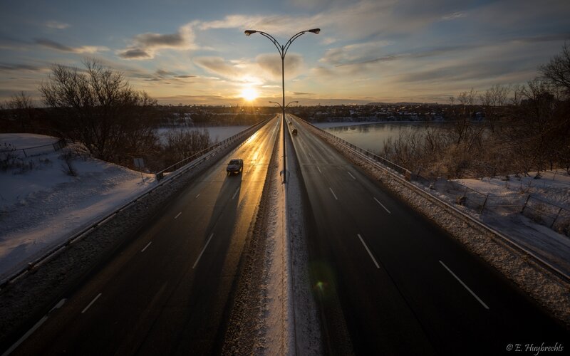 Car on Bridge at Sunset — Blue