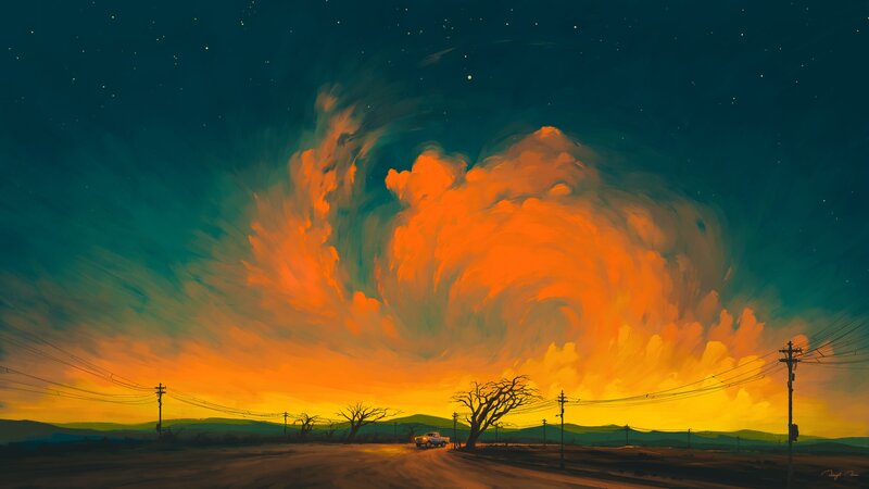 Car on Desert Road — Orange, Dramatic, Sunset, Digital Art