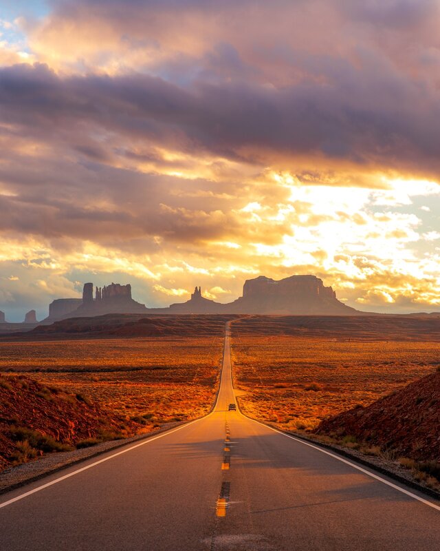 Car on Desert Road — Orange, Dramatic, Sunset