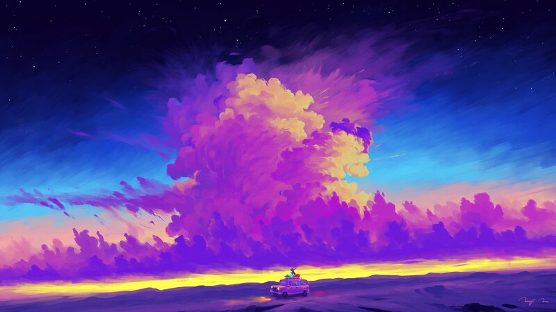 Car on Desert Road — Purple, Dramatic, Night