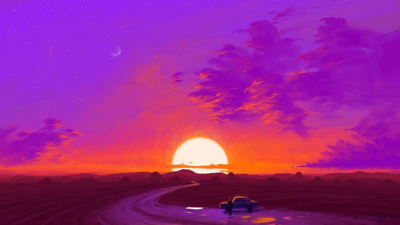 Car on Desert Road — Purple, Dramatic, Sunset, Digital Art