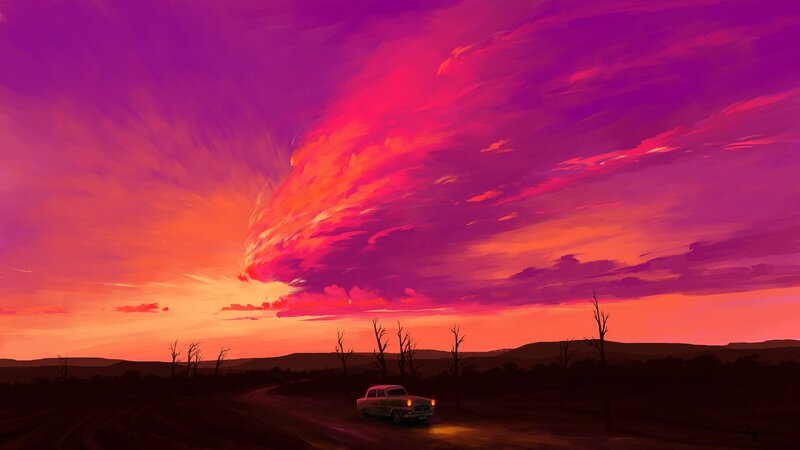 Car on Desert Road — Purple, Dramatic, Sunset