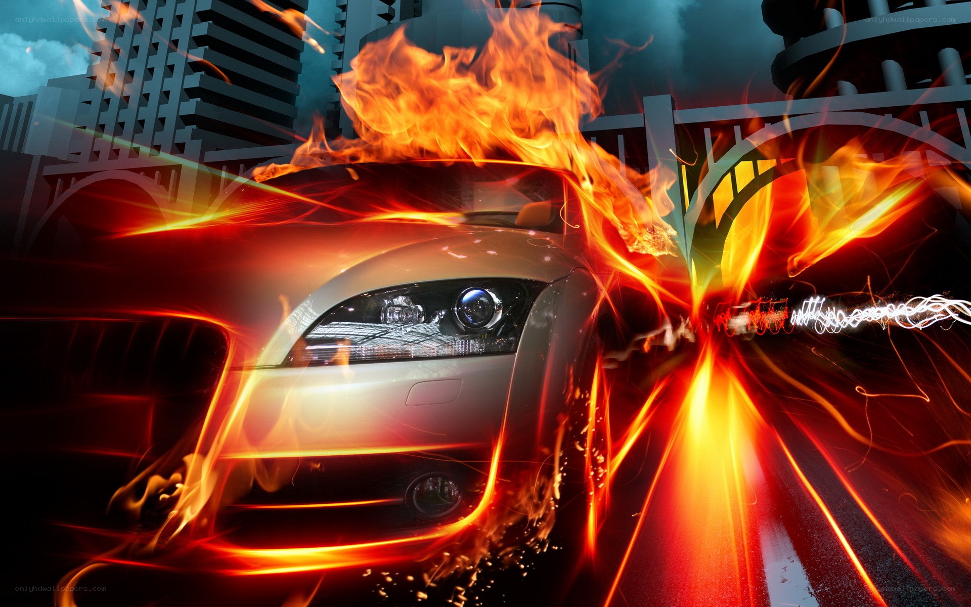 car on fire in city