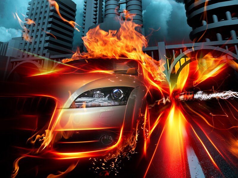 Car on Fire in City — Red, Dramatic, Night, Digital Art, Flames