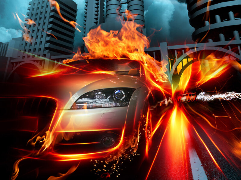 Car on Fire in City — Red, Dramatic, Night