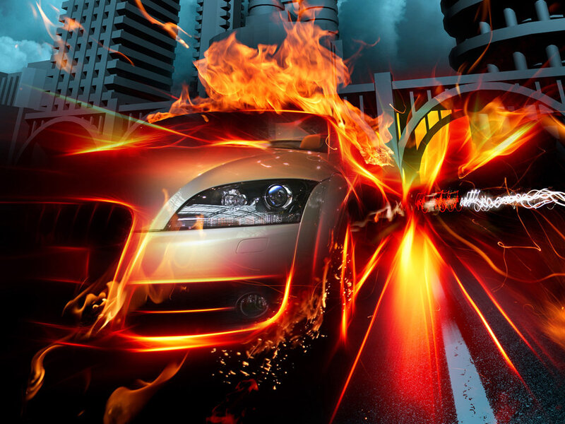 Car on Fire in City — Red