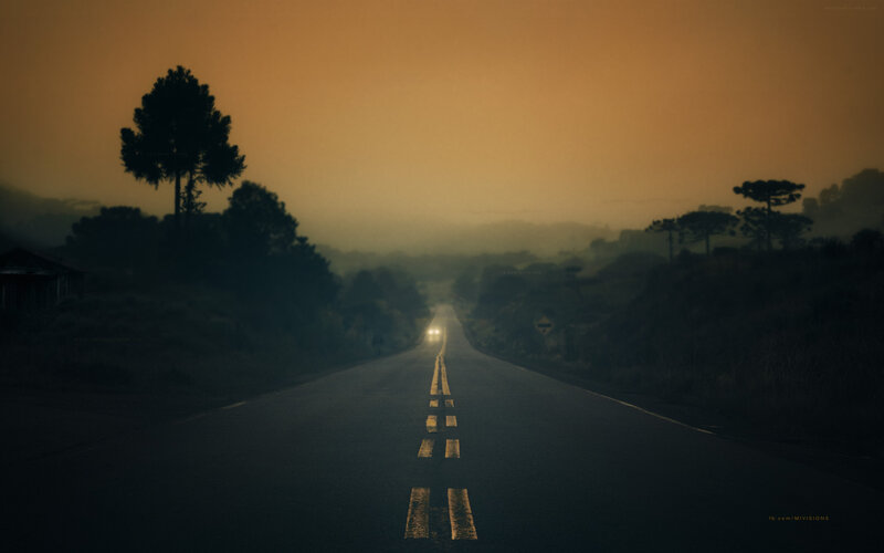 Car on Foggy Road — Orange