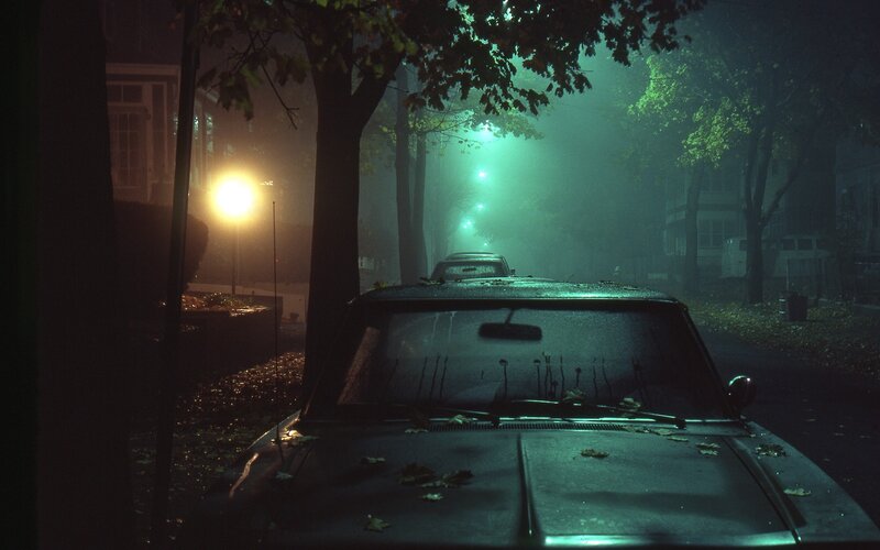 Car on Foggy Street — Green