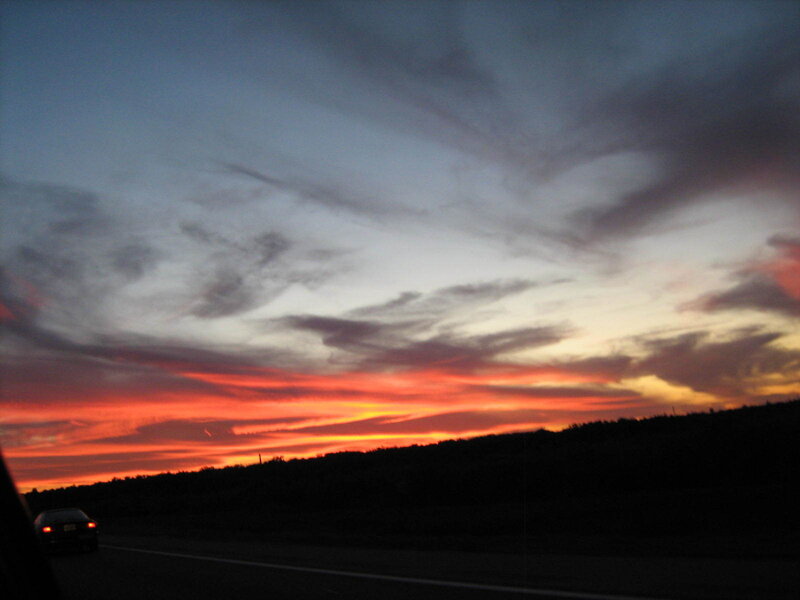 Car on Highway at Sunset — Orange, Dramatic, Photograph