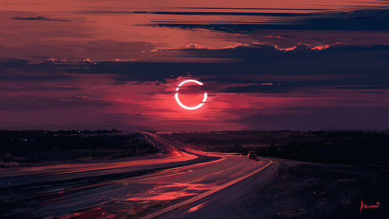 Car on Highway at Sunset — Red