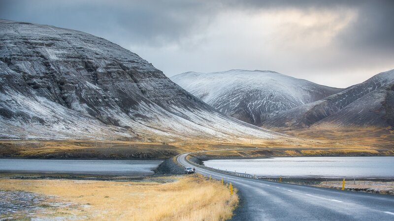 Car on Mountain Road — Gray, Dramatic