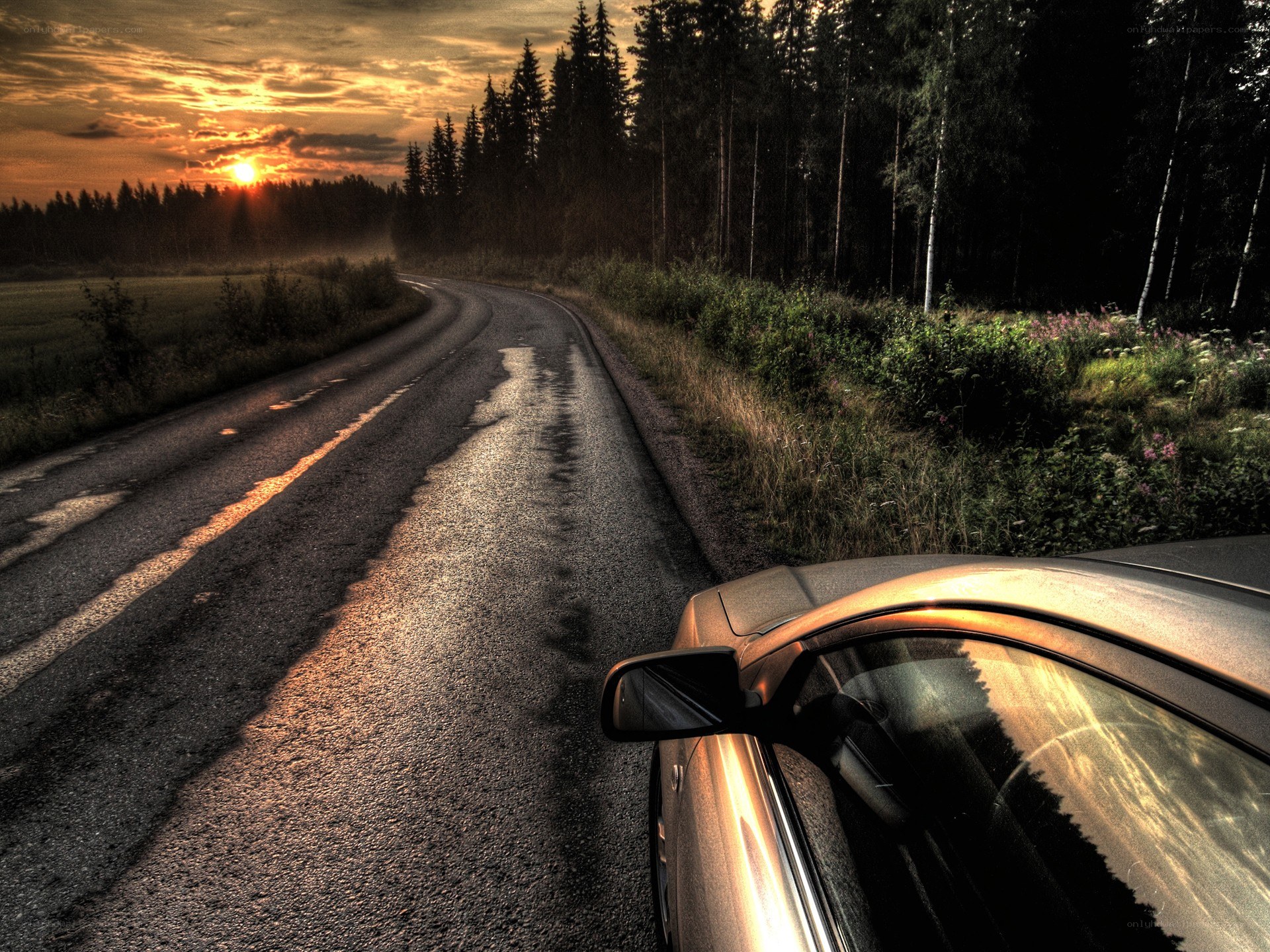 Car on road at sunset