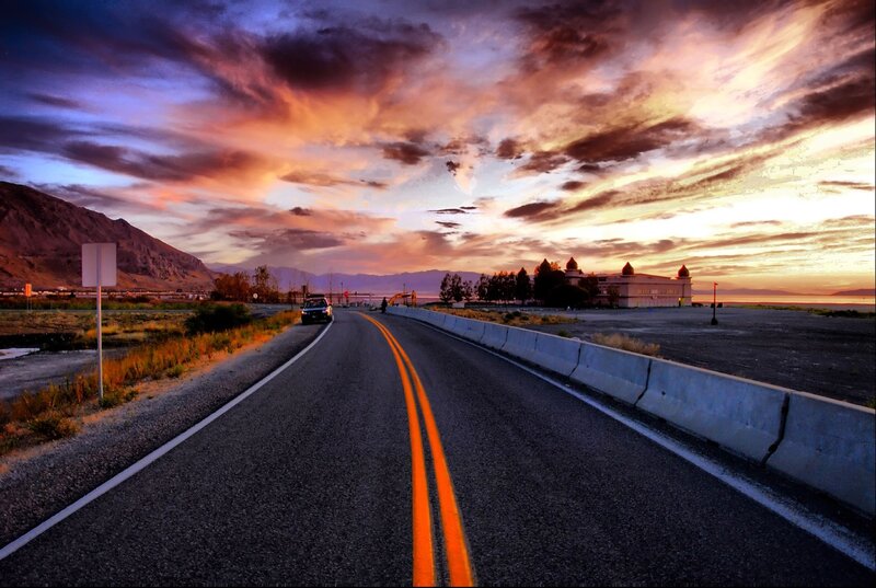 Car on Road at Sunset — Orange, Dramatic