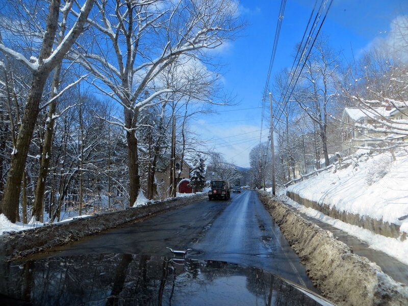 Car on Snowy Road — Blue, Cold, Winter, Photograph, Trees