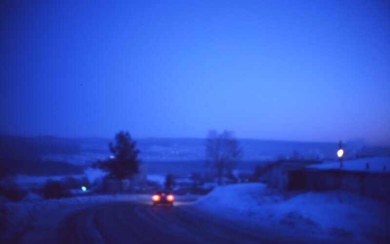 Car on Snowy Road — Blue, Dark, Night