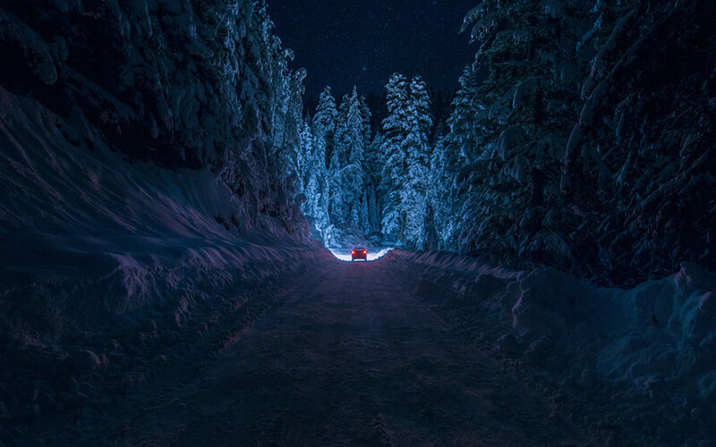 Car on Snowy Road — Blue, Dark