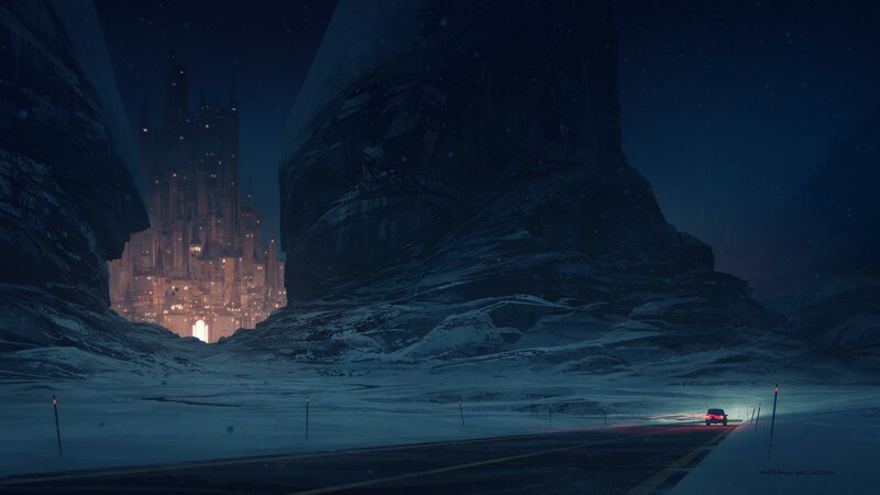 Car on Snowy Road — Blue, Dramatic
