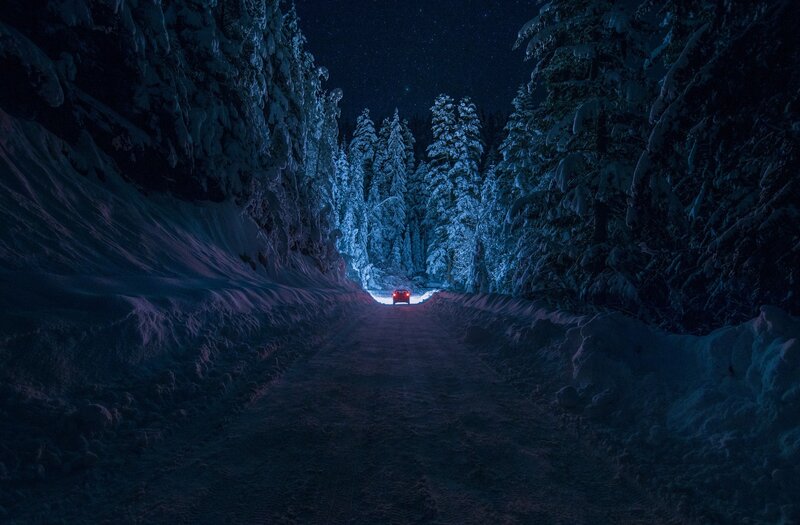 Car on Snowy Road — Blue, Serene, Night, Photograph