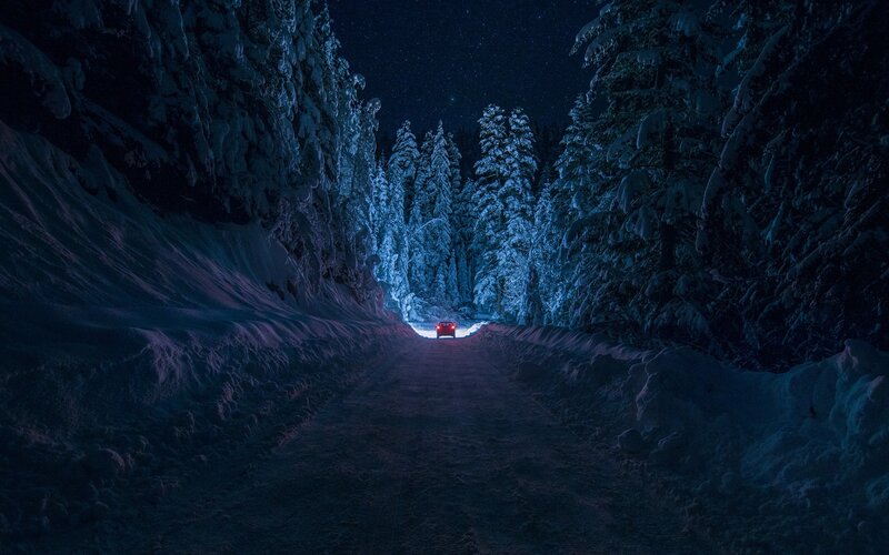 Car on Snowy Road — Blue, Serene, Night